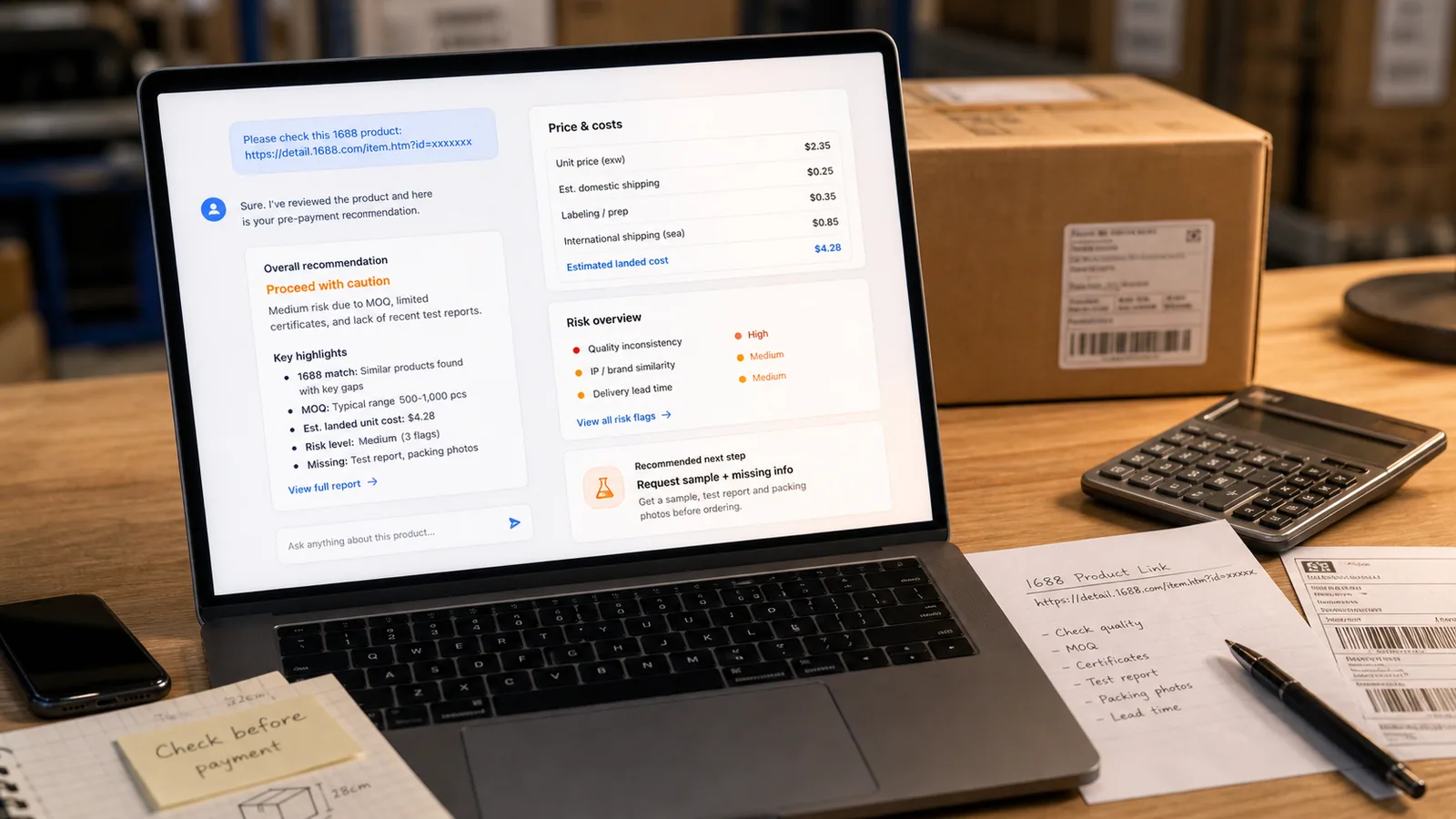 Sourcing assistant workspace with chat, checklist, calculator, and carton