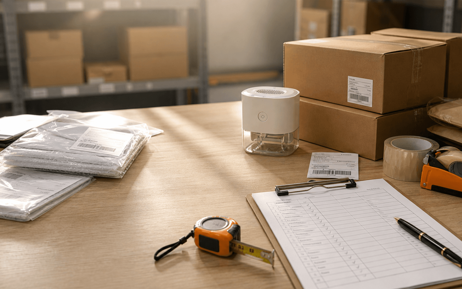 China-side product inspection desk with cartons, packing labels, clipboard, and product receiving materials