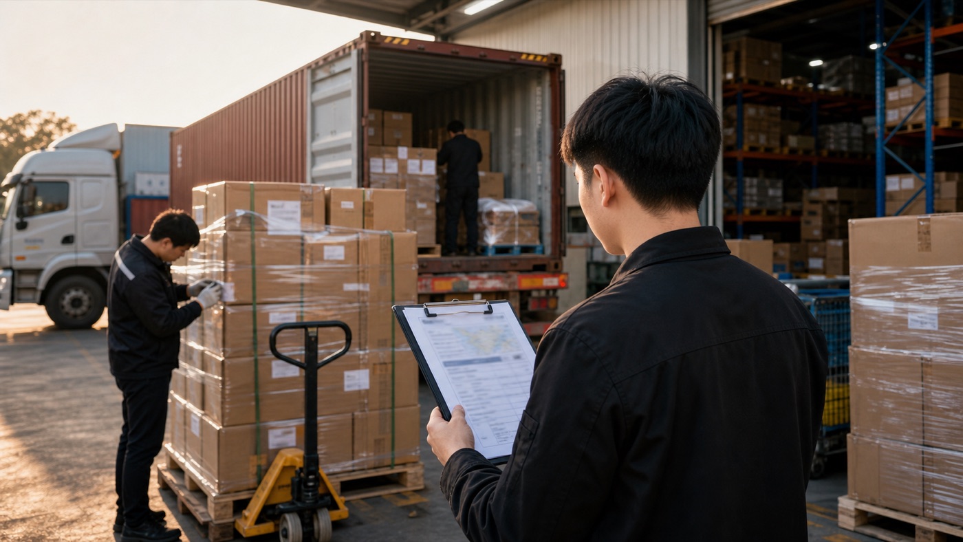 Cargo being loaded into a container at a logistics dock