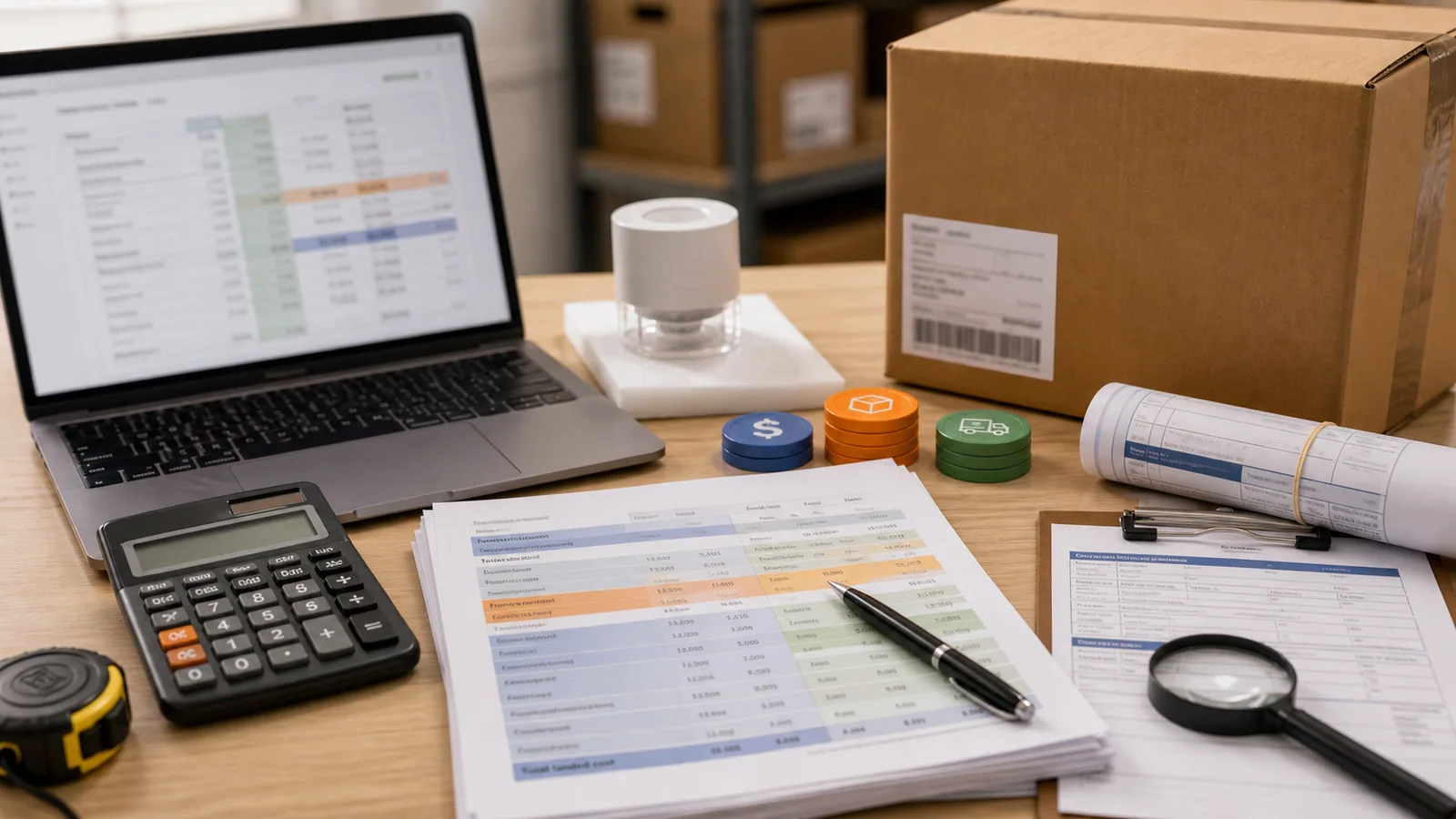 Landed cost review desk with product samples, calculator, and sourcing page