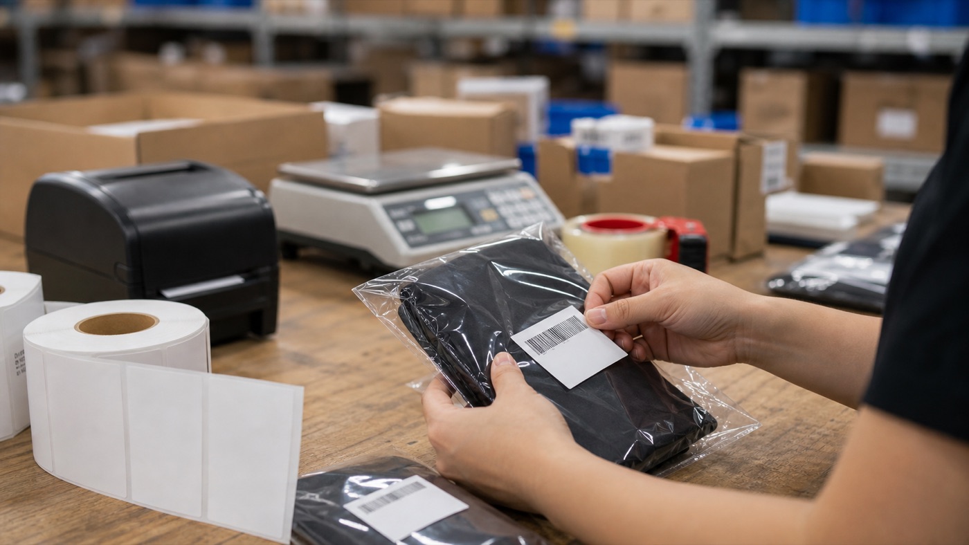 Applying barcode labels to polybagged goods