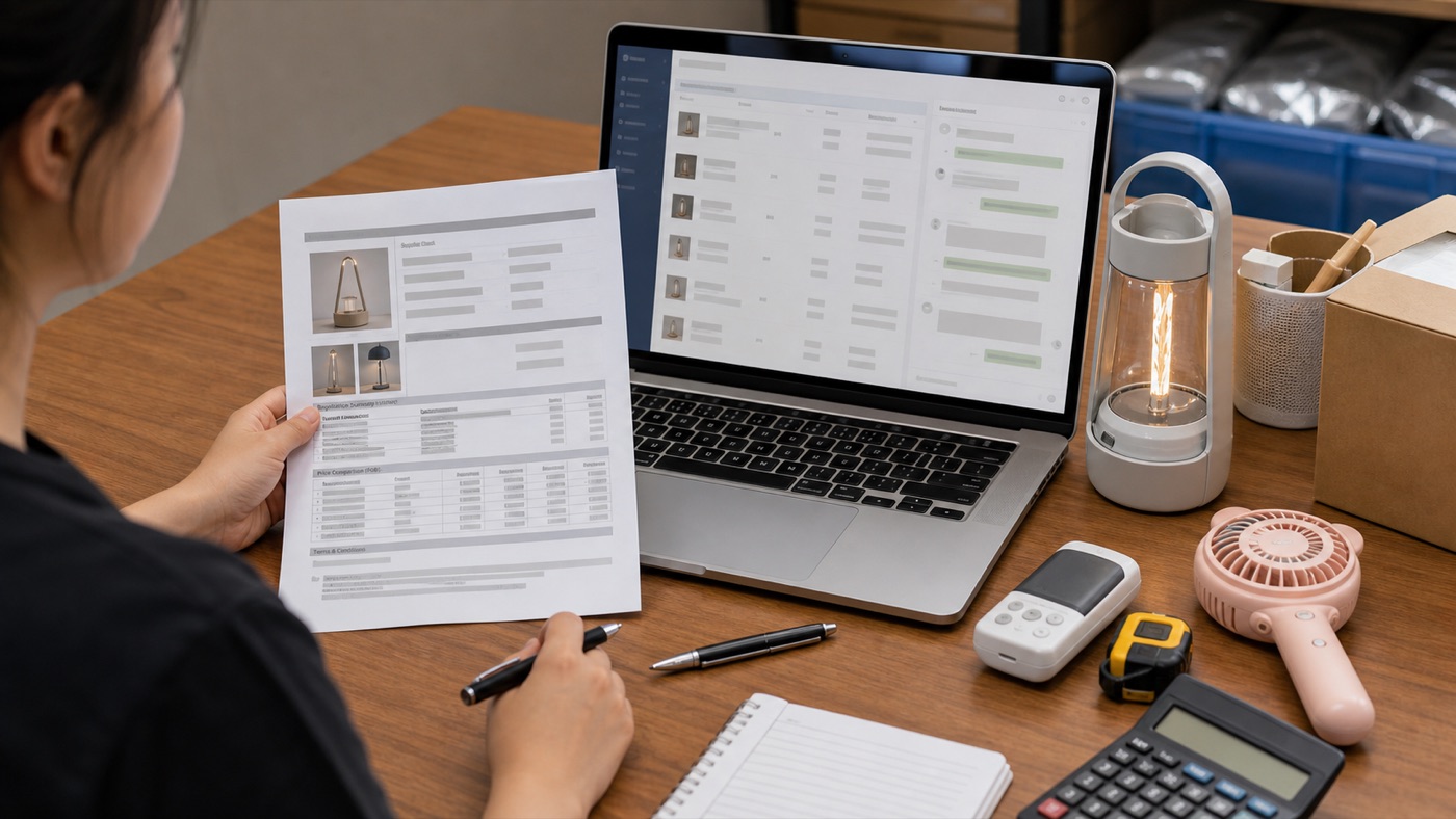Reviewing product costs and a written summary at a desk