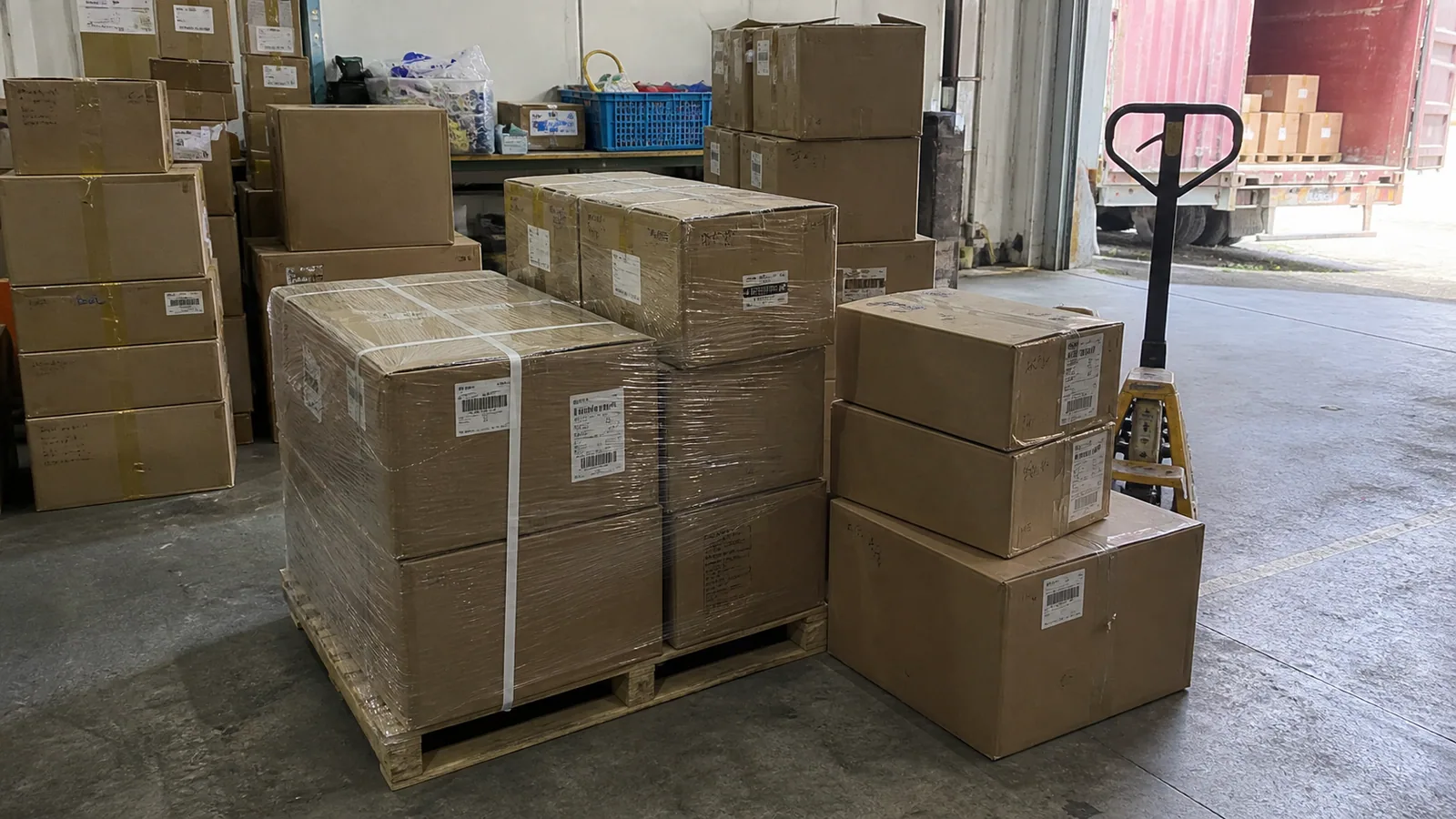 Packed cartons on a scale before shipping handoff