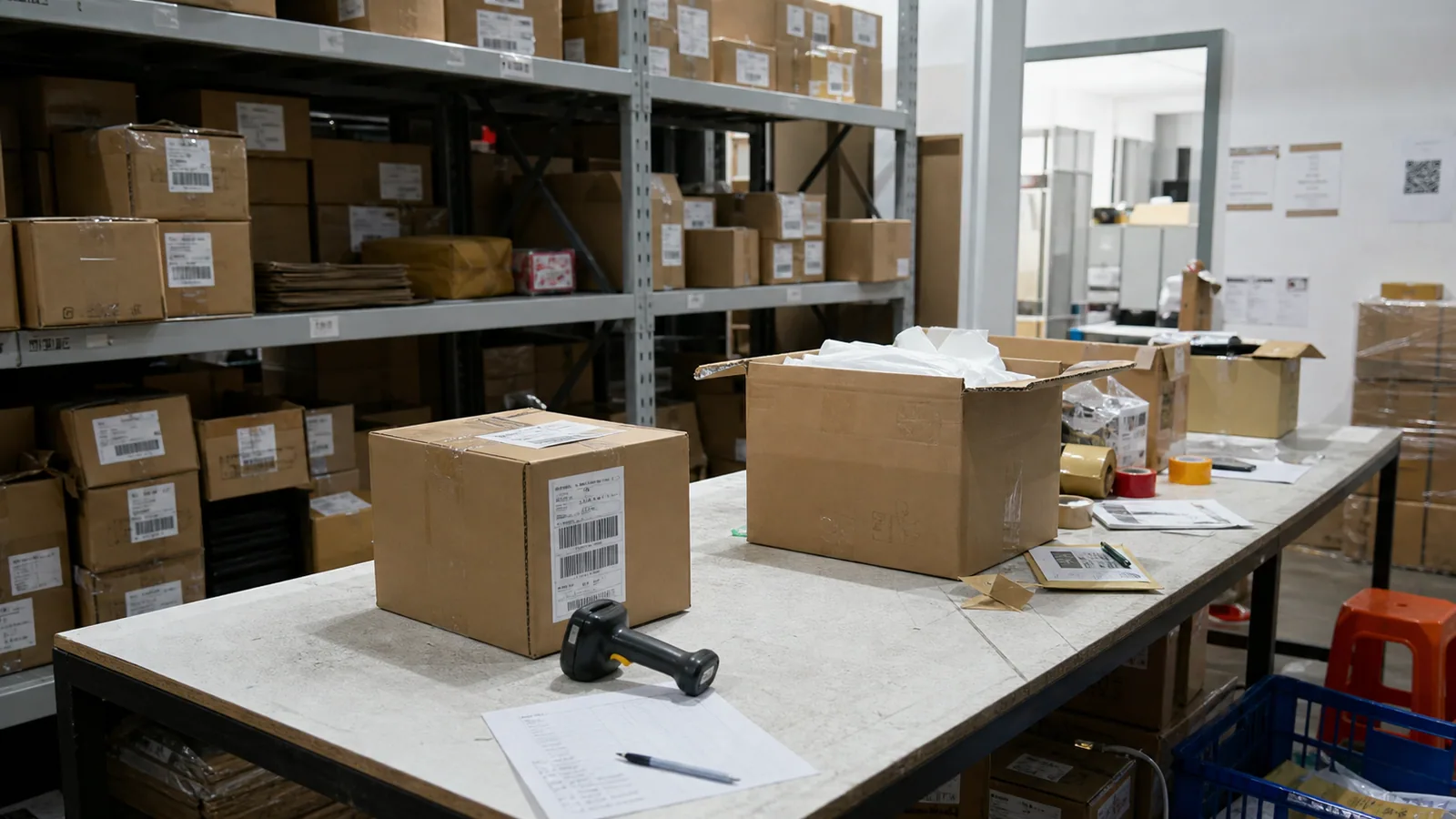 China-side warehouse receiving table with ecommerce goods before prep and shipping